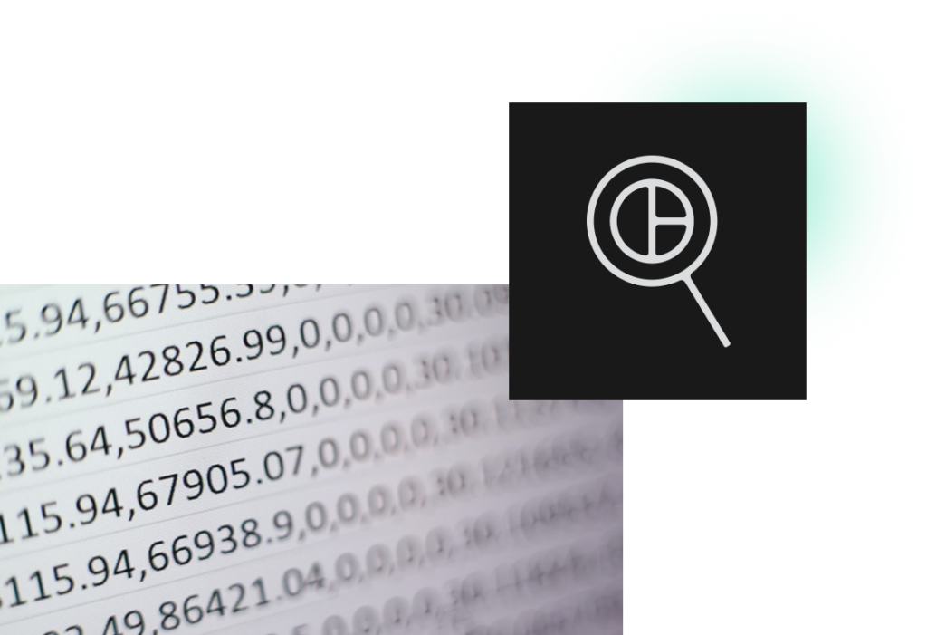 Image of numerical spreadsheet data next to a magnifying glass icon over a pie chart.