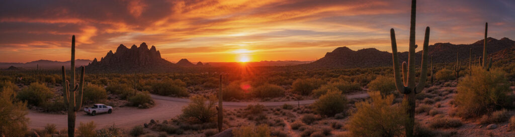 Desert sunset with saguaro cacti, distant mountains, and a parked white truck on a dirt road.